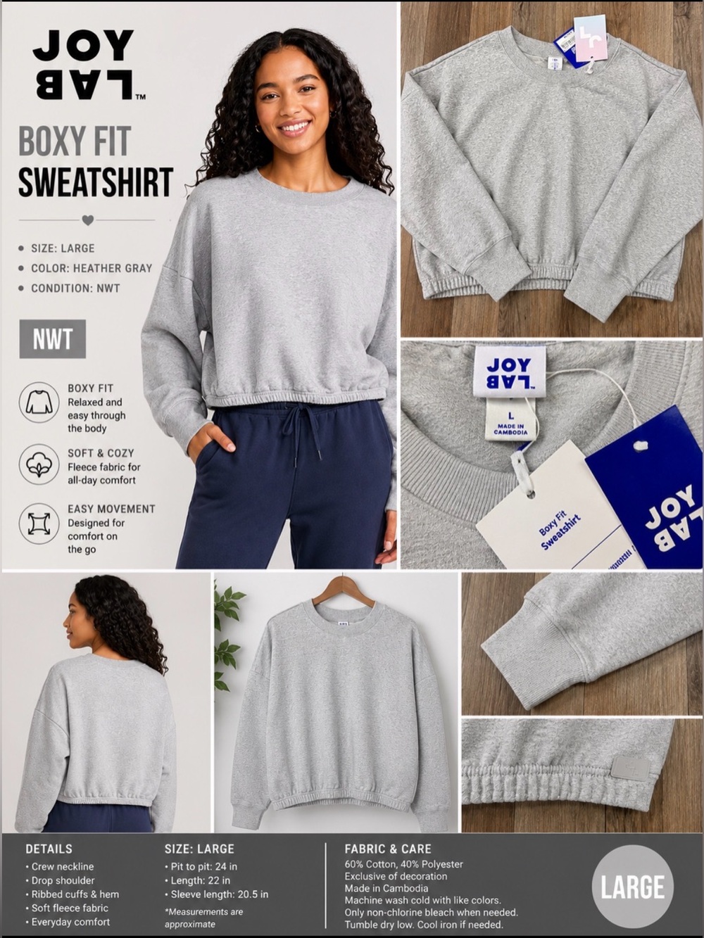 NWT JoyLab Boxy Fit Cropped Sweatshirt Heather Gray Women’s Large boxy fit
